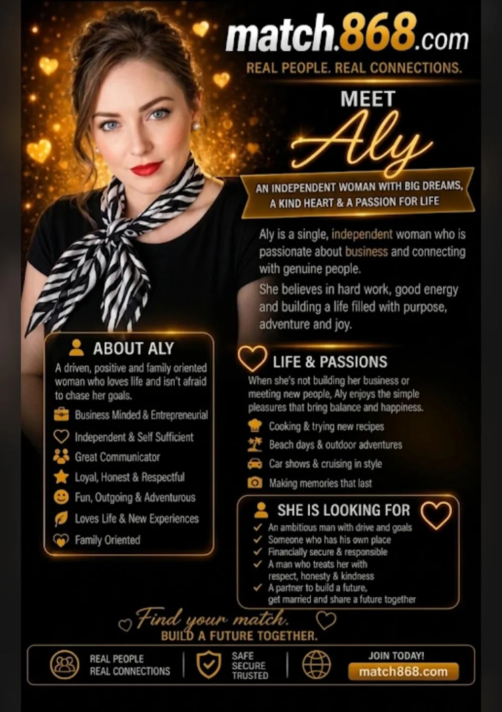 Meet Aly: an independent, business-minded woman with big dreams and a kind heart, who loves cooking, beach days and car shows, and is looking for an ambitious, kind partner to build a future with.